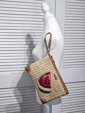 Michael Kors Women's Watermelon Raffia Malibu Straw XL Clutch Zip Wristlet 3304